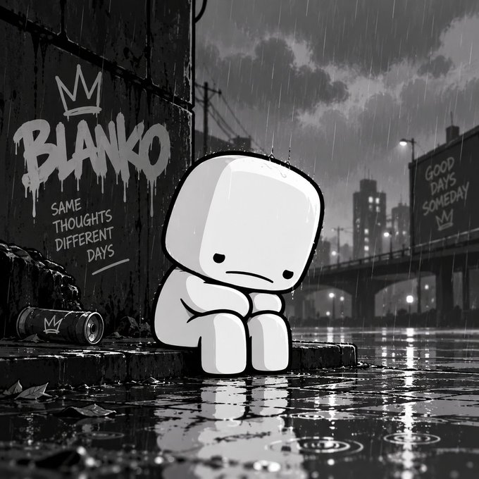 A sad cartoon character sits hunched in the rain beneath graffiti reading "BLANKO" with a crown, alongside the phrases "SAME THOUGHTS DIFFERENT DAYS" and "GOOD DAYS SOMEDAY," capturing the lonely, melancholic mood of the upcoming "BLANKO" NFT drop on OpenSea, where the first 199 collectors will be guaranteed inclusion.