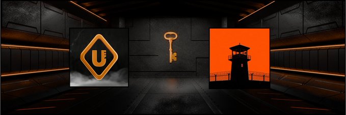 A digital graphic featuring a Unreal Engine logo, a golden key, and a silhouette of a watchtower against an orange background, set in a dark industrial space.