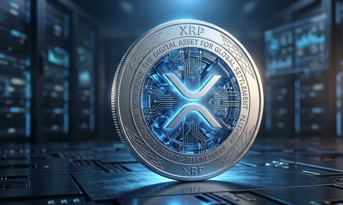 The image shows a coin featuring blue neon lighting that appears to be an XRP Ripple token, positioned centrally in the frame of the post with text detailing its massive revenue generation potential and various stages of its price evolution. The text provides information about the coin's target prices and how it has managed to reach those peaks through different price cycles, suggesting a successful launch into the market by Ripple, which is considered an early adopter.