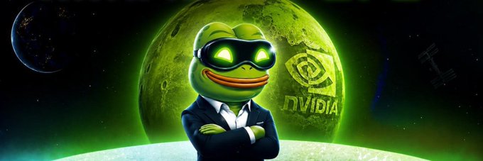 Anthropomorphic Pepe the Frog wearing glowing VR goggles and a business suit stands confidently with arms crossed in front of a green moon bearing the NVIDIA logo and "nVIDIA" text, while the "APE" cryptocurrency symbol appears on the left and a satellite orbits on the right—visually representing the fusion of the $AP memecoin with tokenized $NVDA to merge meme culture with AI and on-chain assets as described in the post.