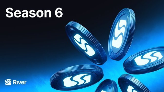 A promotional graphic showing floating blue tokens with 'S' logos against a dark blue background, featuring 'Season 6' text and a 'River' logo.