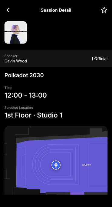 The image shows a phone screen displaying information about an event happening at a studio called Studio 1. The time displayed on the phone screen indicates that the event will take place from 12:00 - 13:30 hours.