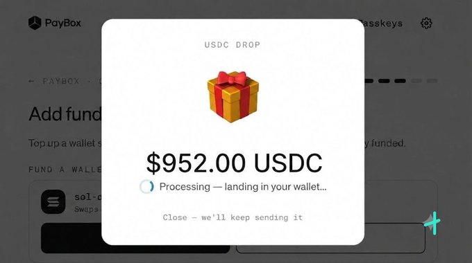 A Pop-up from PayBox shows a USDC DROP notification displaying $952.00 USDC with the message "Processing – landing in your wallet... Close - we'll keep sending it." The image relates to the post by presenting a screenshot that supposedly confirms the receipt of a free $952 USDC airdrop, encouraging viewers to claim similar rewards.