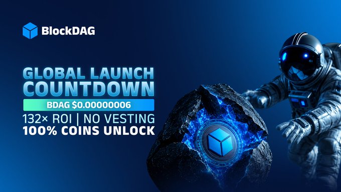 A promotional graphic for BlockDAG (BDAG) features an astronaut reaching toward a glowing blue cosmic rock with the BlockDAG logo, set against a deep blue background. The text highlights "GLOBAL LAUNCH COUNTDOWN," the current price of "BDAG $0.00000006," and key selling points: "132× ROI | NO VESTING" and "100% COINS UNLOCK," emphasizing the upcoming global launch.
