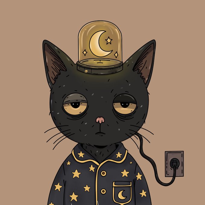 An illustration of a black cat wearing dark blue pajamas with yellow stars and a glass dome on its head containing a crescent moon and stars, plugged into a wall outlet.