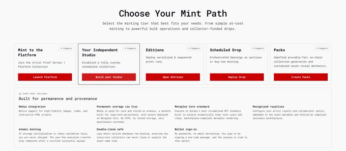 A webpage titled 'Choose Your Mint Path' showing options including Mint to the Platform, Your Independent Studio, Editions, Scheduled Drop, and Packs.
