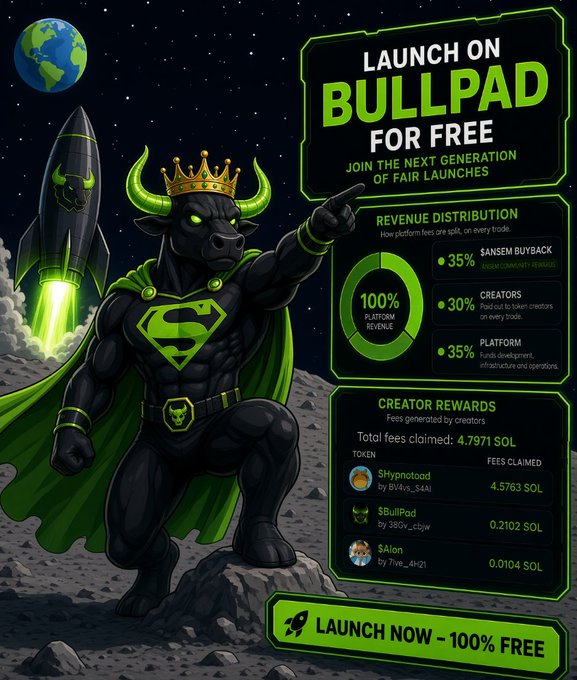 A promotional graphic for 'BULLPAD' featuring a muscular bull wearing a Superman-style logo and crown, advertising a free token launch platform with revenue distribution details (35% buyback, 30% creators, 35% platform) and creator rewards in SOL.
