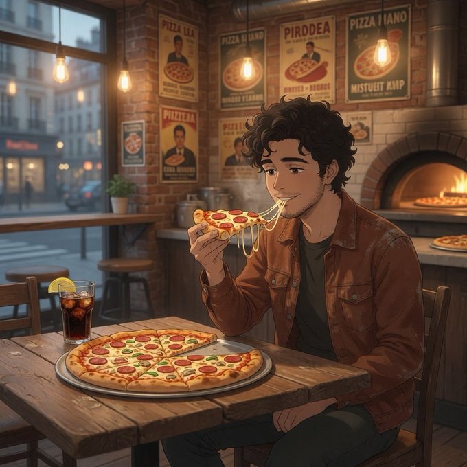 The image features a man sitting at a table with two pizzas, one of which has a slice missing. The man appears to be enjoying his meal while looking happy as he eats pizza. There are also several other people present in the scene, but they do not seem to be interacting with each other or participating in any specific activity related to the challenge.
