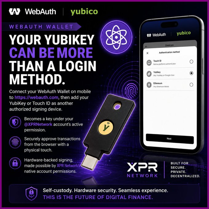 A promotional graphic for WebAuth Wallet by Yubico on XRP Network, advertising YubiKey integration for secure signing with features like hardware-backed signing and account permissions.