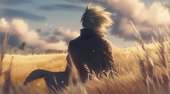An anime-style illustration shows a figure with spiky light hair and a dark coat sitting in a golden wheat field, gazing toward a distant figure under a cloudy sky.