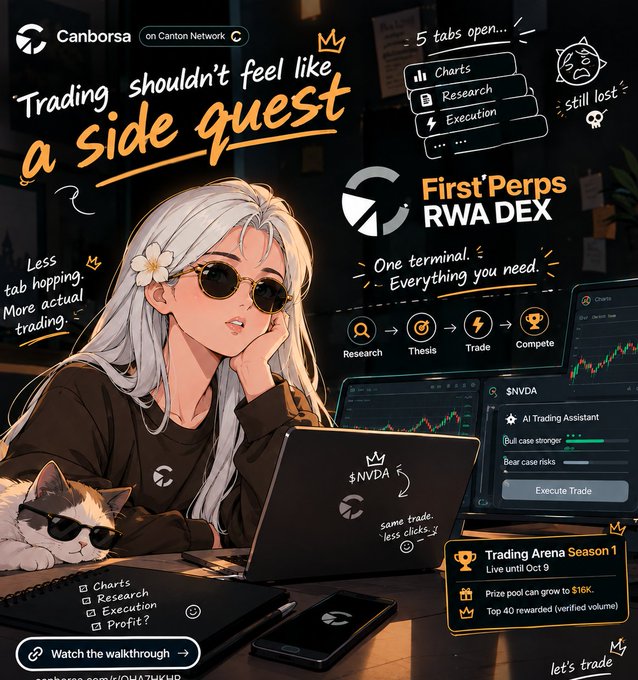 Anime-style promotional image for Canborsa on Canton Network featuring a silver-haired character with sunglasses and a cat, promoting 'First Perps RWA DEX' trading platform with text like 'Trading shouldn't feel like a side quest' and 'Trading Arena Season 1'.