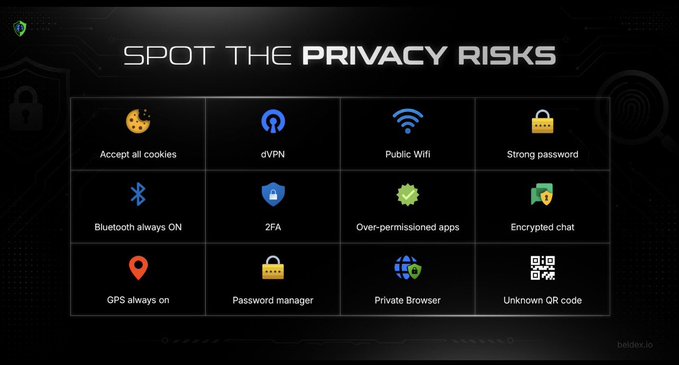 An infographic titled 'SPOT THE PRIVACY RISKS' displays twelve icons highlighting privacy concerns and protective measures, including 'Accept all cookies,' 'dVPN,' 'Public Wifi,' 'Strong password,' 'Bluetooth always ON,' '2FA,' 'Over-permissioned apps,' 'Encrypted chat,' 'GPS always on,' 'Password manager,' 'Private Browser,' and 'Unknown QR code,' branded with beldex.io.