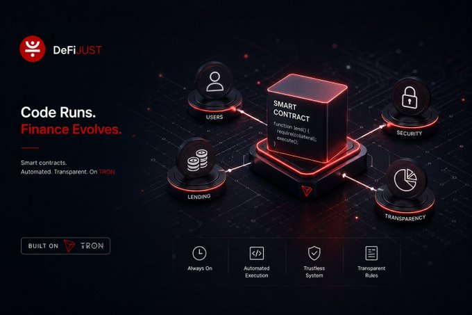 A promotional banner for DeFiJUST, a DeFi platform built on TRON, featuring the tagline 'Code Runs. Finance Evolves.' and highlighting features like Smart Contracts, Users, Lending, Security, and Transparency.