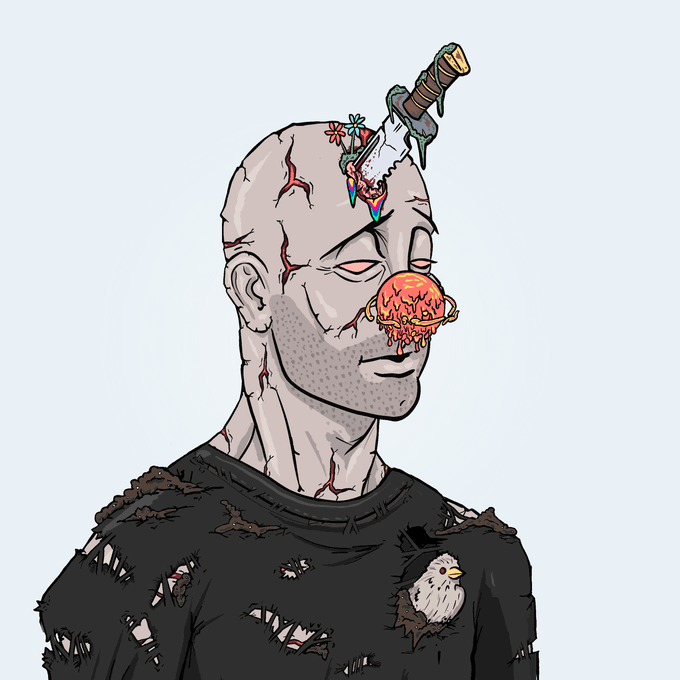 A cartoon illustration of a bald, scarred zombie-like man with a bloody nose, a sword embedded in his head, wearing a torn black shirt with a small bird emerging from a hole.
