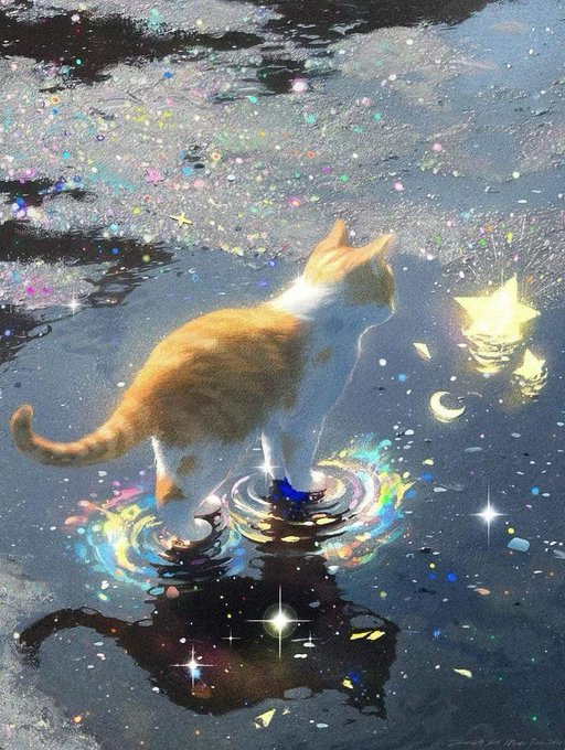 A dreamy, fantasy illustration depicts an orange and white kitten standing on a luminous, rainbow-rimmed pool of water, gazing at a glowing star and crescent moon that float on the surface. The scene is filled with shimmering sparkles, colorful bokeh, and a soft, ethereal atmosphere, with the artist's signature faintly visible in the bottom right corner.