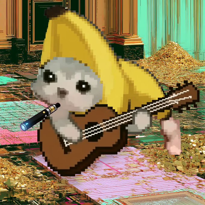 A pixelated version of the Gitch Low Quality Cat meme is shown playing a guitar and singing into a microphone on stage, fitting the "ready to rock" caption from the $LQC post. The low-resolution, blocky style of the cat directly references the "Low Quality" branding of the cryptocurrency being promoted.