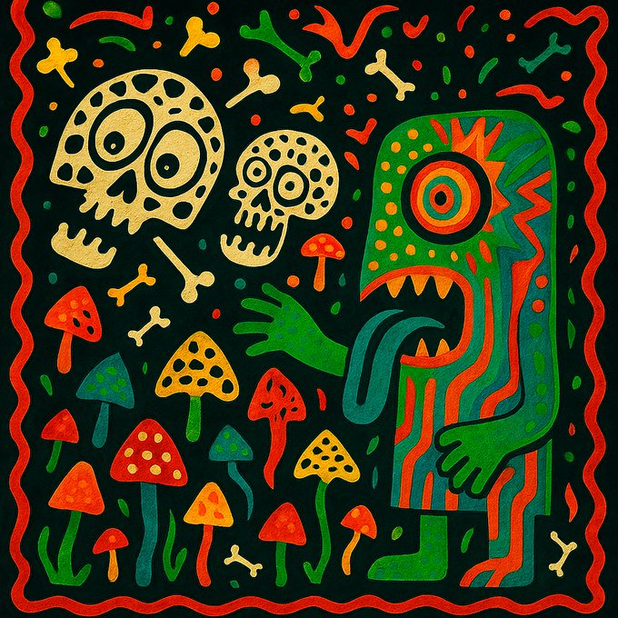 A vibrant folk-art style painting features golden skulls, bones, colorful mushrooms, and a green one-eyed monster figure on a black background framed by a red wavy border.