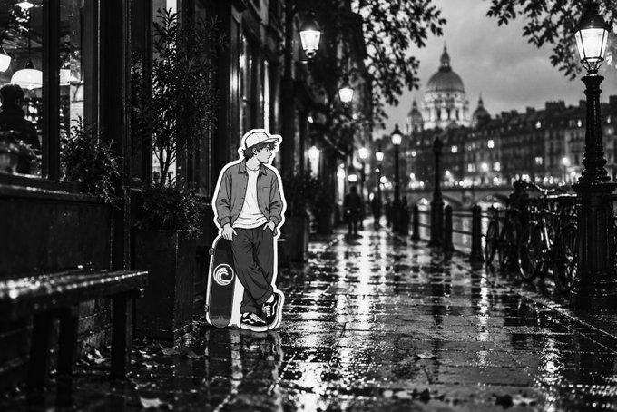 A black and white photograph of a wet street in a European city with a domed building in the distance, featuring a cartoon-style cutout sticker of a young man with a skateboard added in the foreground.