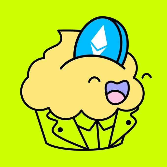 A cartoon illustration depicts a cheerful yellow muffin character wearing a blue Ethereum-branded cap, set against a bright lime-green background.