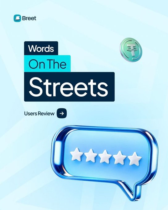 A promotional graphic for 'Breet' displays the text 'Words On The Streets,' a 'Users Review' button, a green coin icon, and a blue chat bubble with five stars.