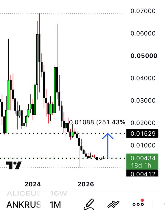 A 1-month candlestick chart of the ANKR (Ankr) cryptocurrency shows a sharp downtrend from a 2024 high near $0.07 to a recent low of $0.00412, with the current price at $0.00434 (up 251.43%), supporting the poster's bullish claim that "the bottom is in."