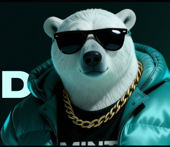 A digital render of a polar bear wearing sunglasses and a gold chain necklace, dressed in a teal puffer jacket against a dark background.