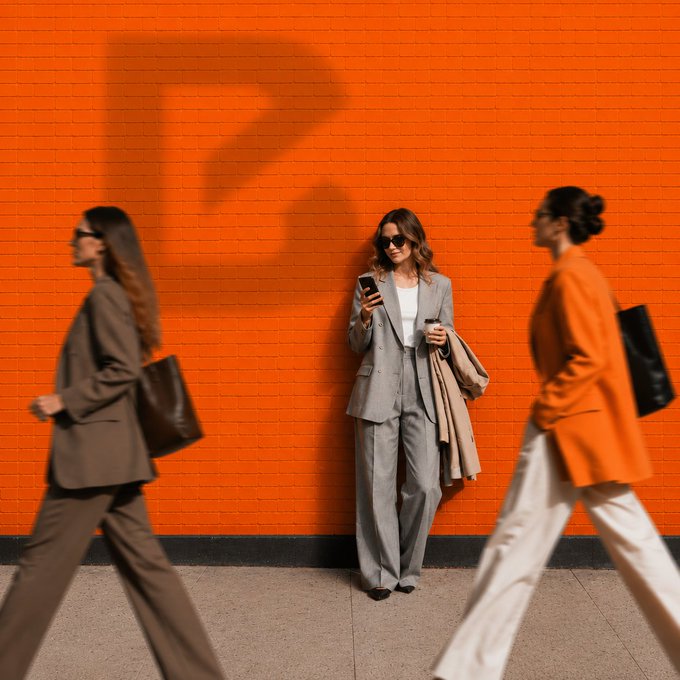 A woman in a gray suit leans against a vibrant orange wall, completely absorbed in her phone while holding a coffee cup, as two other women stride past her in opposite directions. The scene captures a moment of stillness amid urban movement, embodying the "Locked in" vibe of being mentally checked out from the world around you.