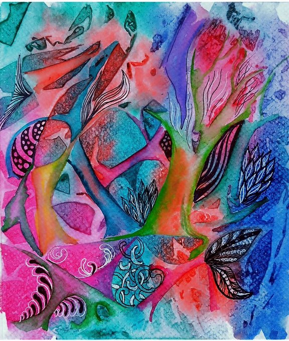 A vibrant abstract watercolor and ink painting filled with swirling tropical foliage, leaves, and seed pods in bold pinks, blues, teals, and greens.