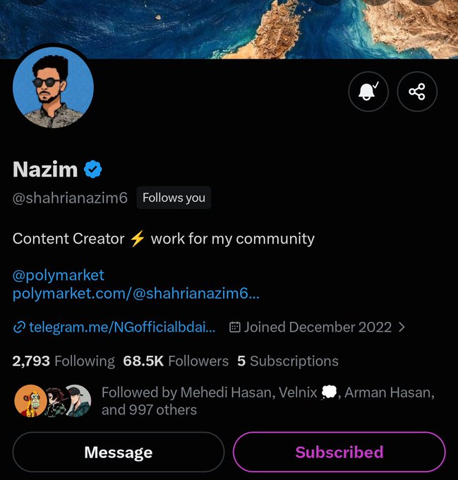 A Twitter profile page for Nazim (@shahrianazim6), a Content Creator with 68.5K followers, displaying a Spaces globe map header and a cartoon avatar.
