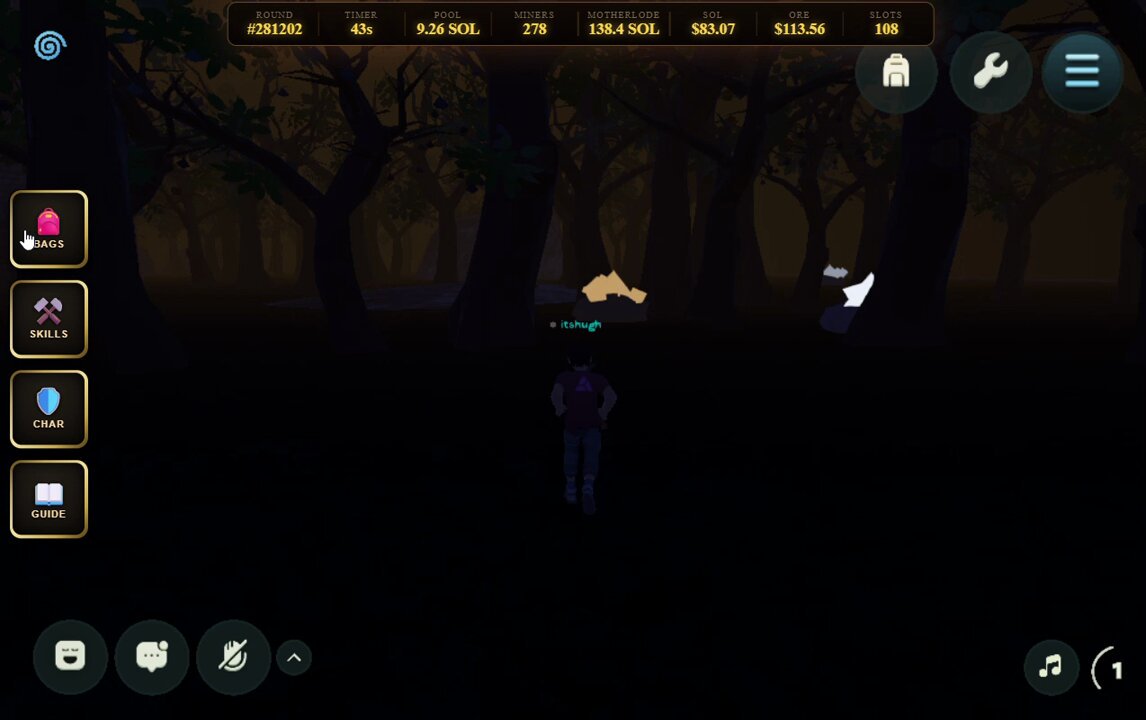 The image shows a person standing in front of trees, with an orange object near them. The text "development of the $ore mmo in @_portals_ continues! Become a miner and run around the forest to mine ore nodes that spawn and despawn randomly throughout the environment." is present on the screen. This suggests that there might be a game or activity related to mining happening within this virtual world, where players need to mine ore from trees for their inventory. The player's objective would be to collect ore and use it to create useful items like bars for gear crafting.