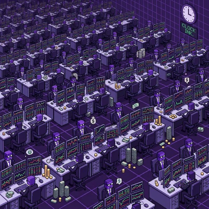 An isometric digital illustration depicting a vast purple-toned trading floor filled with rows of identical figures in suits staring at monitors displaying stock charts, with money scattered around and a 'CLOCK INK' sign visible.