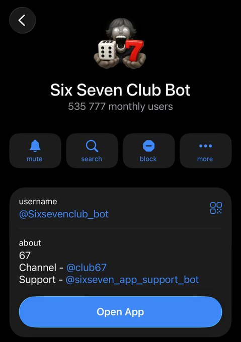 A Telegram bot profile page for 'Six Seven Club Bot' (@Sixsevenclub_bot), showing 535,777 monthly users, a crying meme avatar holding a die and the number 7, and a blue 'Open App' button.