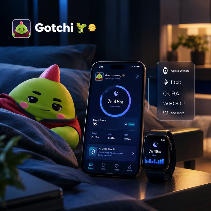 An advertisement featuring a green character plush toy on a bed next to a smartphone displaying a 'Gotchi' sleep tracking app, alongside a smartwatch and text 'Apple Watch', 'fitbit', 'ŌURA', and 'WHOOP'.