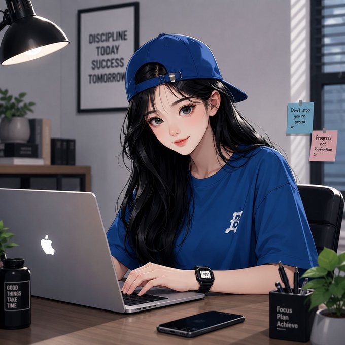An anime-style illustration of a girl in a blue cap and shirt working at a MacBook laptop, surrounded by motivational notes like 'DISCIPLINE TODAY SUCCESS TOMORROW' and 'Don't stop you're proud.'