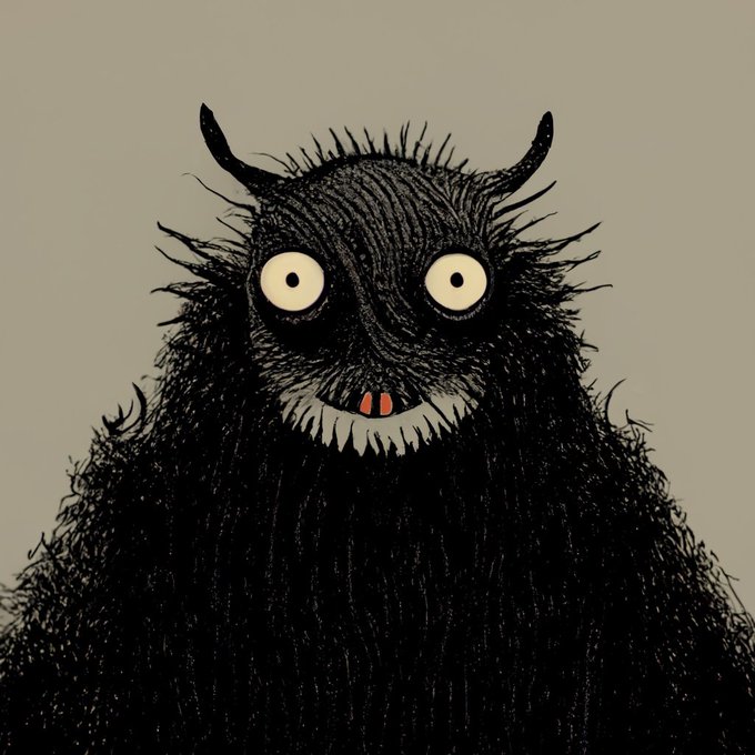 An illustration of a black, furry, cartoonish monster with horns, large yellow eyes, and a wide grinning mouth showing sharp teeth and a red tongue.