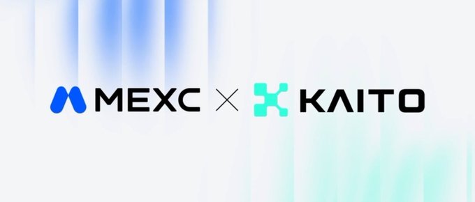 A promotional graphic showing the MEXC cryptocurrency exchange logo paired with KAITO token logo, separated by an X, on a white background with blue and green accent lines.