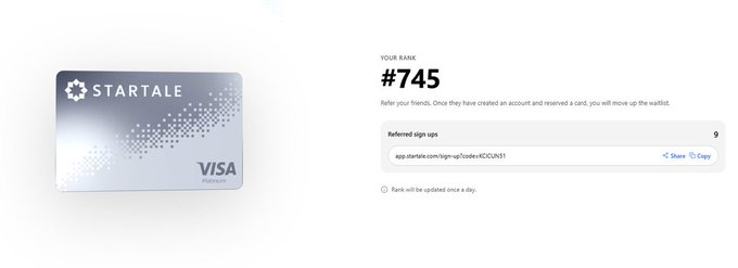 A referral ranking page for 'STARTALE VISA Premium' card showing rank #745 with 9 referred sign-ups.