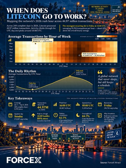 An infographic titled 'WHEN DOES LITECOIN GO TO WORK?' by ForceX, detailing Litecoin's 2026 transaction activity with charts showing average transactions by hour and key takeaways like a peak of 10,763 tx/hour at 16:00 UTC.