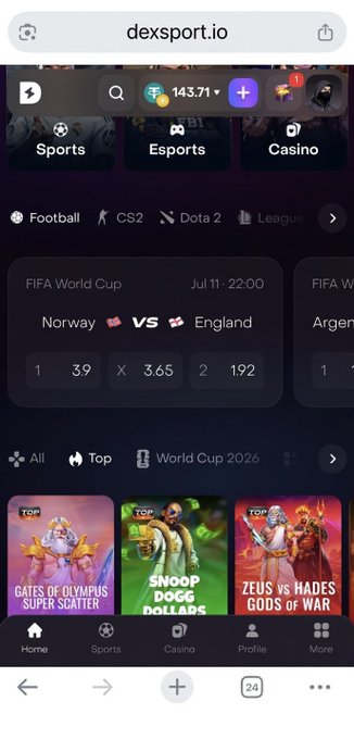 Screenshot of the dexsport.io mobile website showing a sports betting interface with a FIFA World Cup match Norway vs England and various esports and casino options.