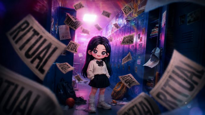A stylized anime-style illustration of a girl with long dark hair standing in a pink-lit school hallway lined with lockers, surrounded by floating papers labeled 'RITUAL'.