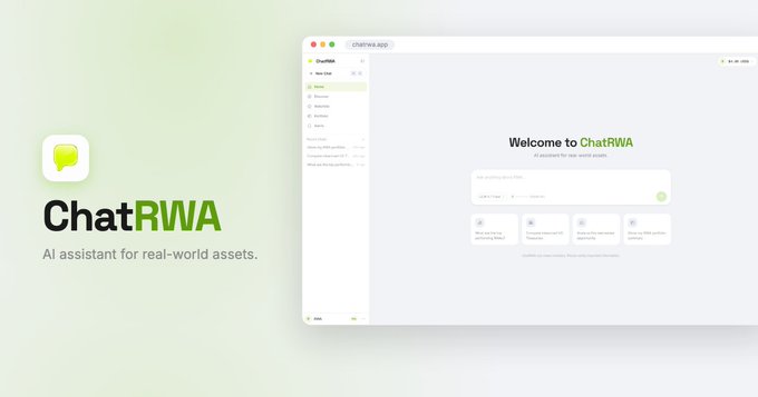 A promotional image for "ChatRWA" AI assistant for real-world assets, showing the app interface on a Mac with a welcome message.
