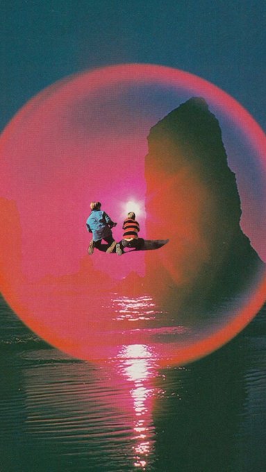 A surreal image of two small figures sitting together on the back of a flying creature, silhouetted against a bright sun within a large pink and orange circular lens flare, with reflections shimmering on dark water below.