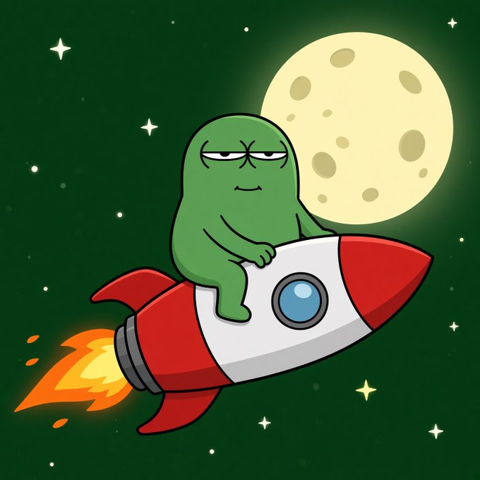 A cartoon illustration of a green grumpy character riding a red and white rocket past the moon against a starry dark green background.