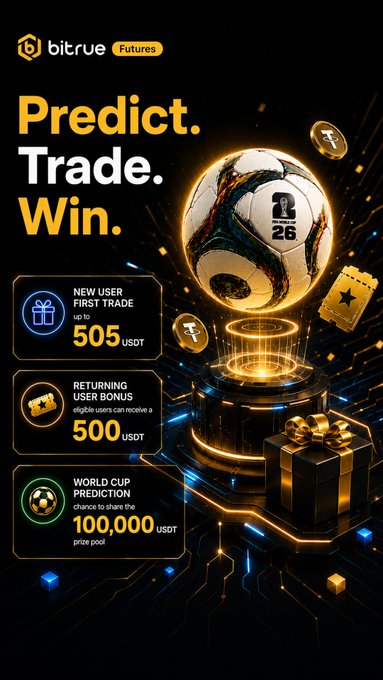 The image is a promotional poster for Bitrue Futures featuring the World Cup, highlighting offers including up to 505 USDT for new users' first trades, 500 USDT returning user bonus, and a 100,000 USDT prize pool for World Cup predictions, set against a backdrop of a glowing soccer ball and gold gift box.