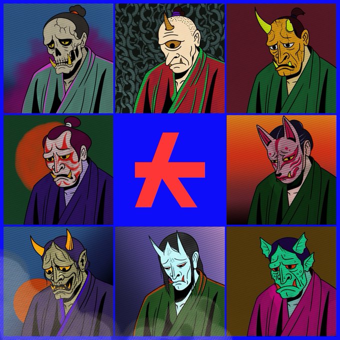 A 3x3 grid illustration featuring eight stylized Japanese demon/Hannya masks in traditional robes surrounding a central blue square with a red star and the letter 'K'.