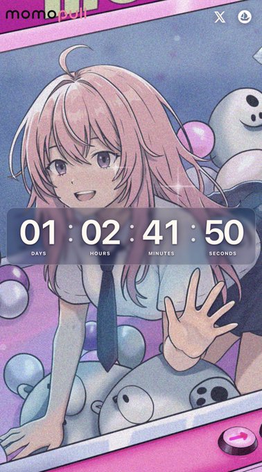 A smartphone home screen showing a countdown timer of '01:02:41:50' days, hours, minutes, and seconds, overlaid on an anime-style illustration of a pink-haired character in a gacha game interface.