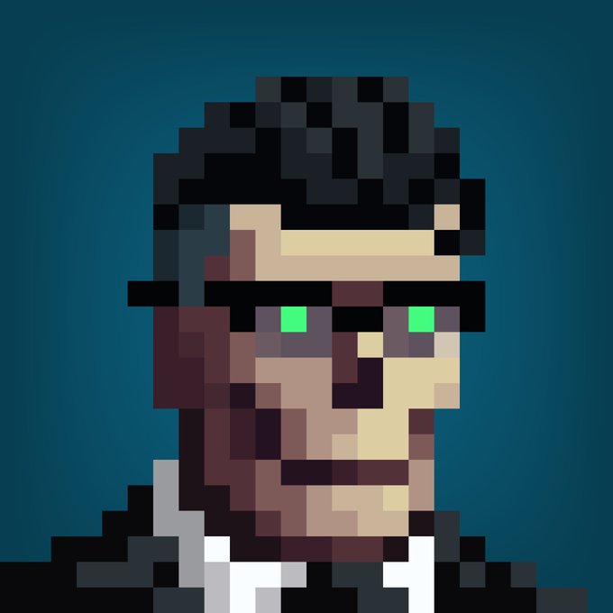 A pixel art portrait shows a character with dark hair, green eyes, and a goatee against a dark teal background.