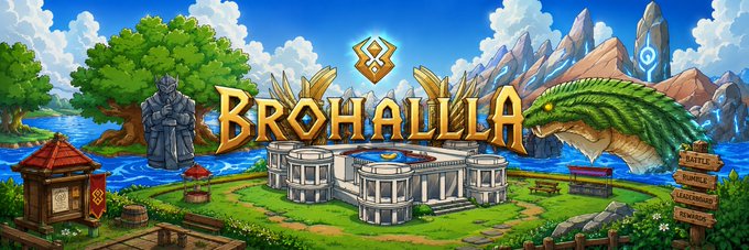 The image shows the title screen for the game "BROHALLA," featuring a stone statue, a temple, a dragon, and lush landscapes. The accompanying post likely heralds a revival of the Brohalla game with new management, utilities, and a fresh start.