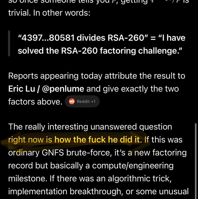 A screenshot of a text post discussing the RSA-260 factoring challenge, mentioning that reports attribute the solution to Eric Lu (@penlume), with a highlighted section reading "how the fuck he did it." The highlighted text explains the poster's amazement at the achievement, relating to the comment about it blowing someone's mind.
