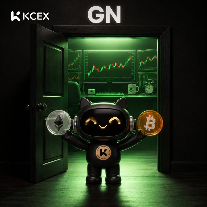 A promotional image for 'KCEX' featuring 'GN' at the top, showing a black cat-like robot holding Ethereum and Bitcoin coins in front of a green-lit trading room with stock charts.